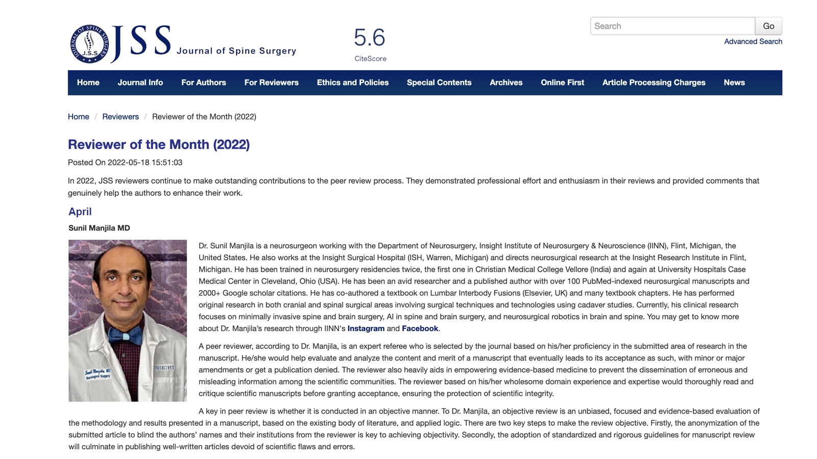 Dr. Sunil Manjila Named Reviewer of the Month for April 2022 by Journal of Spine Surgery