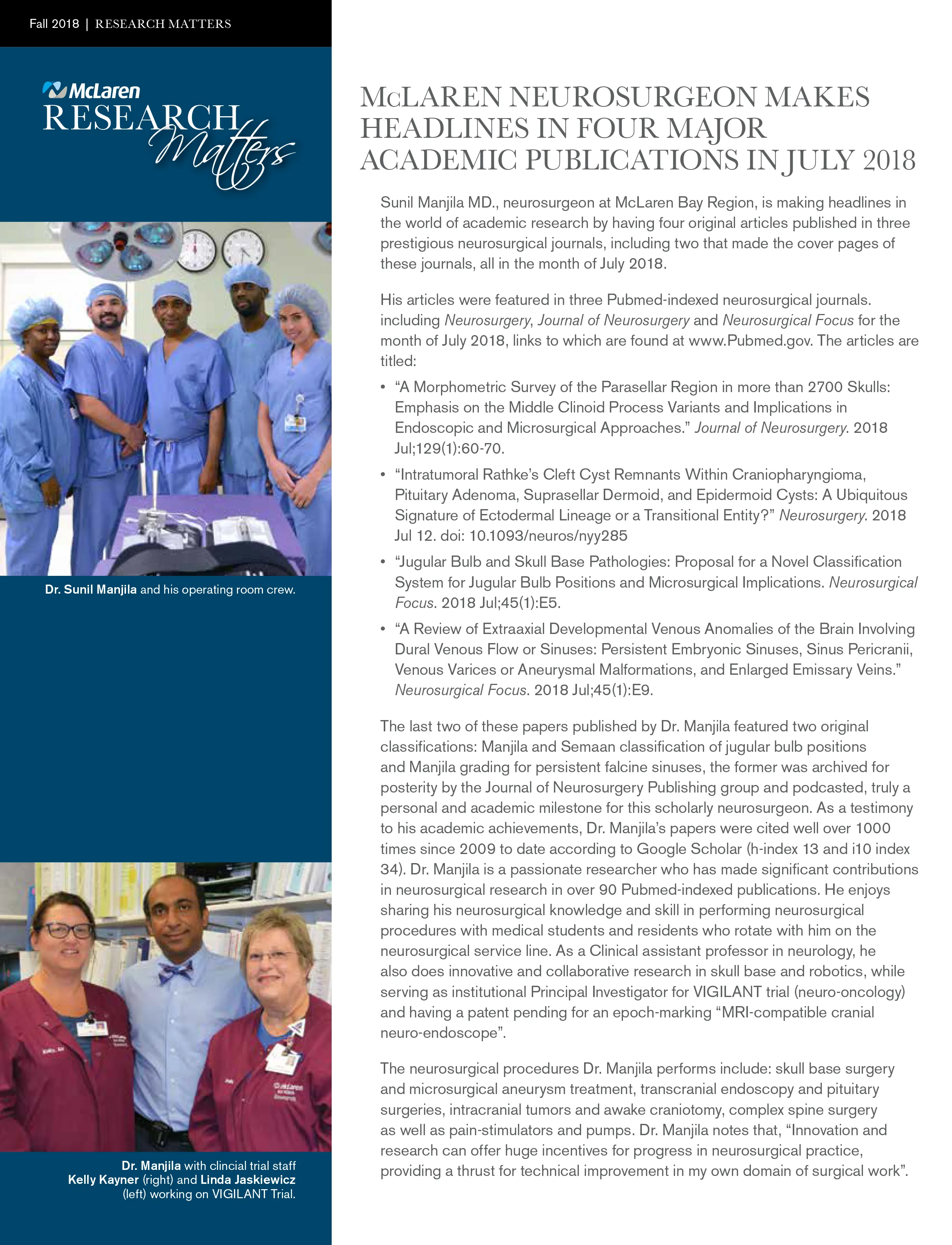 McLAREN Neurosurgeon Makes Headlines in Four Major Academic Publications In July 2018